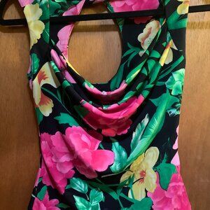 Cache Open Back Cowl Floral Pink Top XS